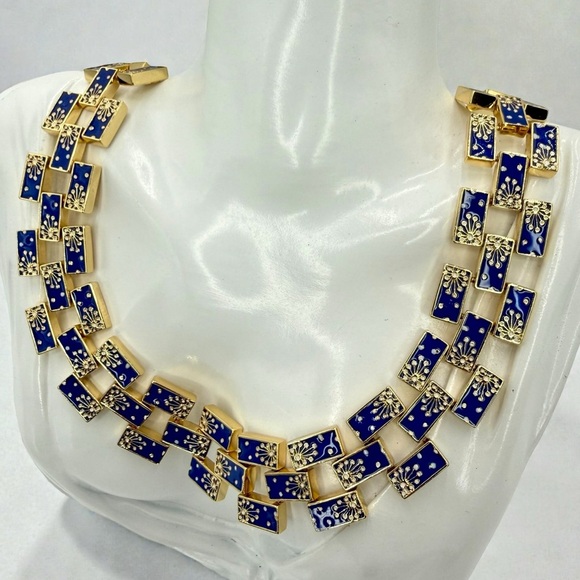 Rare Lulu Frost Signed Blue Enamel Gold Statement Necklace 17” Excellent Cond. - Picture 6 of 17